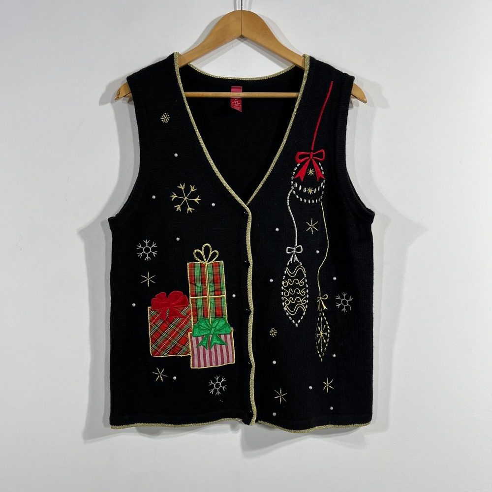 Holiday VTG Christmas Sweater Vest Black Embroidered Ornaments Gifts Women Large